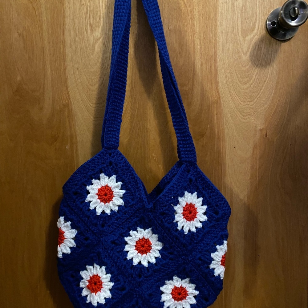 Handcrafted Blue Crochet Bag with Floral Design